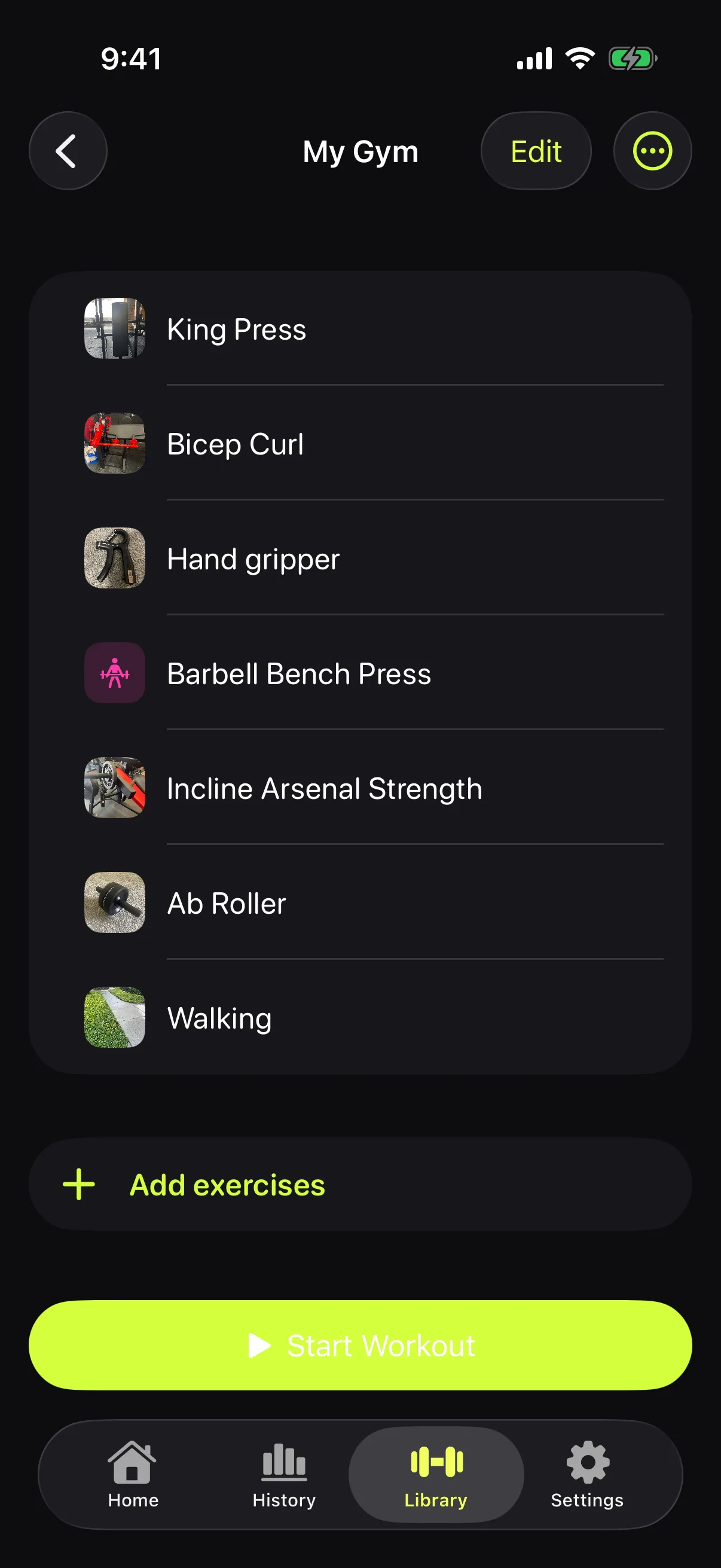 A Rackord routine called My Gym listing seven real exercises, each with the founder's own machine photo
